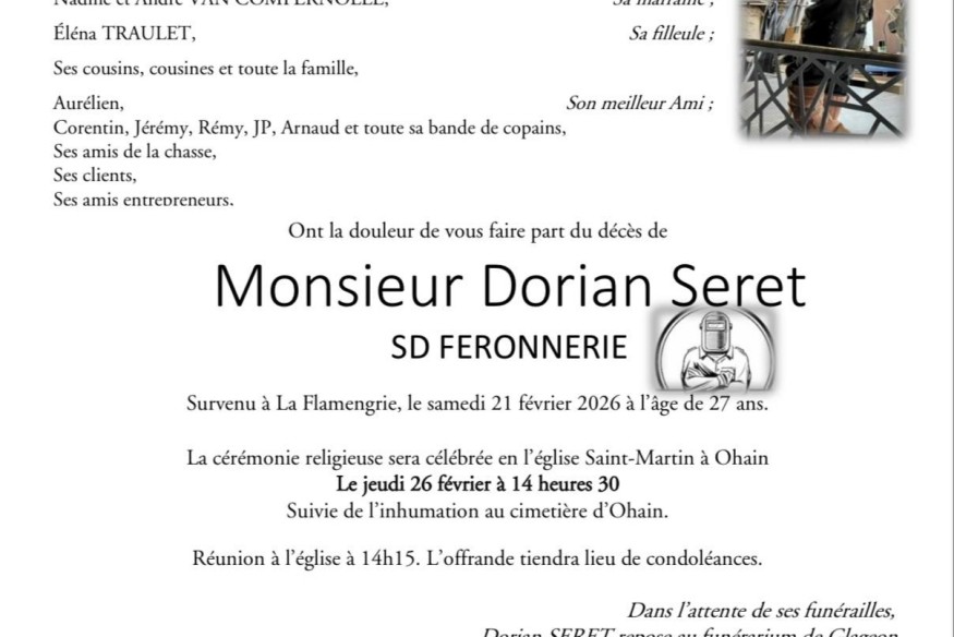 Ohain : les funérailles de Dorian Seret auront lieu ce jeudi 26 février.